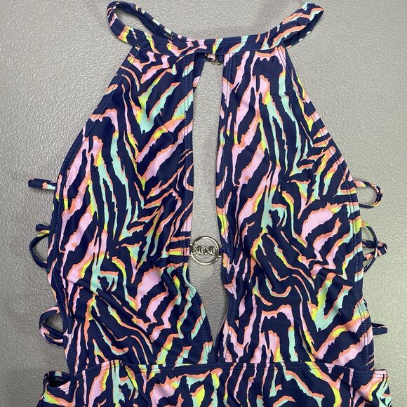 XOXO One Piece Swimsuit Strappy Sides Deep Keyhole Front Colorful Womens XL Blue - Picture 8 of 8